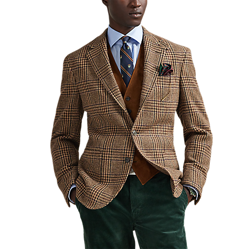 Model wearing POLO Ralph Lauren - Single Breasted Large Glenplaid Polo Yale Sportcoat in Tan/Multi.