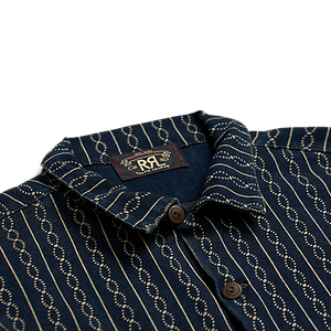 RRL - SS Indigo Print Jersey Camp Shirt in Indigo Multi.