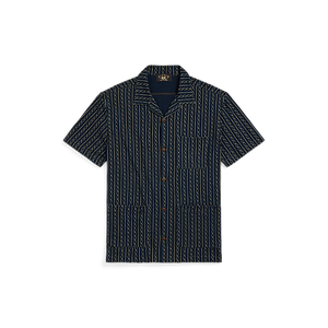 RRL - SS Indigo Print Jersey Camp Shirt in Indigo Multi.