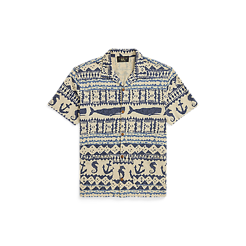 RRL - SS Nautical-Print Jersey Camp Shirt in Cream/Navy Multi.