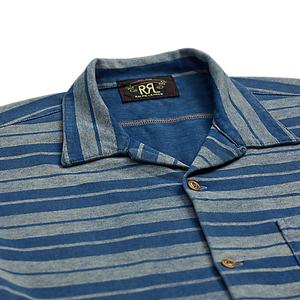 RRL - Indigo Striped Jersey Camp Shirt in Indigo Multi.