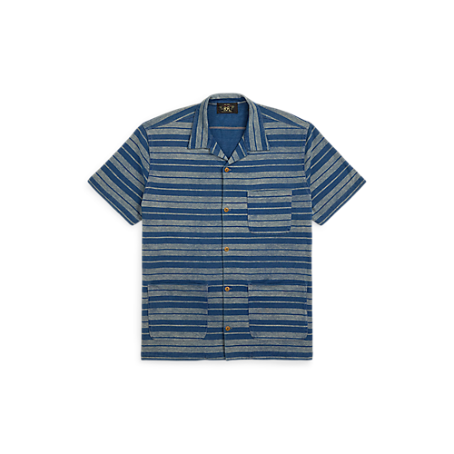 RRL - Indigo Striped Jersey Camp Shirt in Indigo Multi.