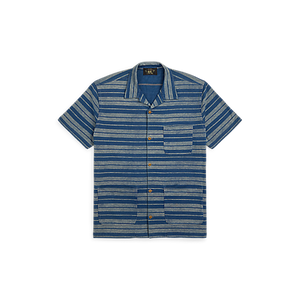 RRL - Indigo Striped Jersey Camp Shirt in Indigo Multi.