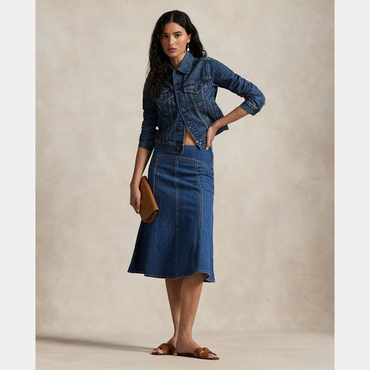 Model wearing Polo Ralph Lauren - Paneled Denim A-Line Skirt in Bostwich Wash.