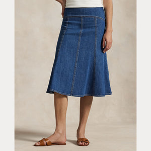 Model wearing Polo Ralph Lauren - Paneled Denim A-Line Skirt in Bostwich Wash.