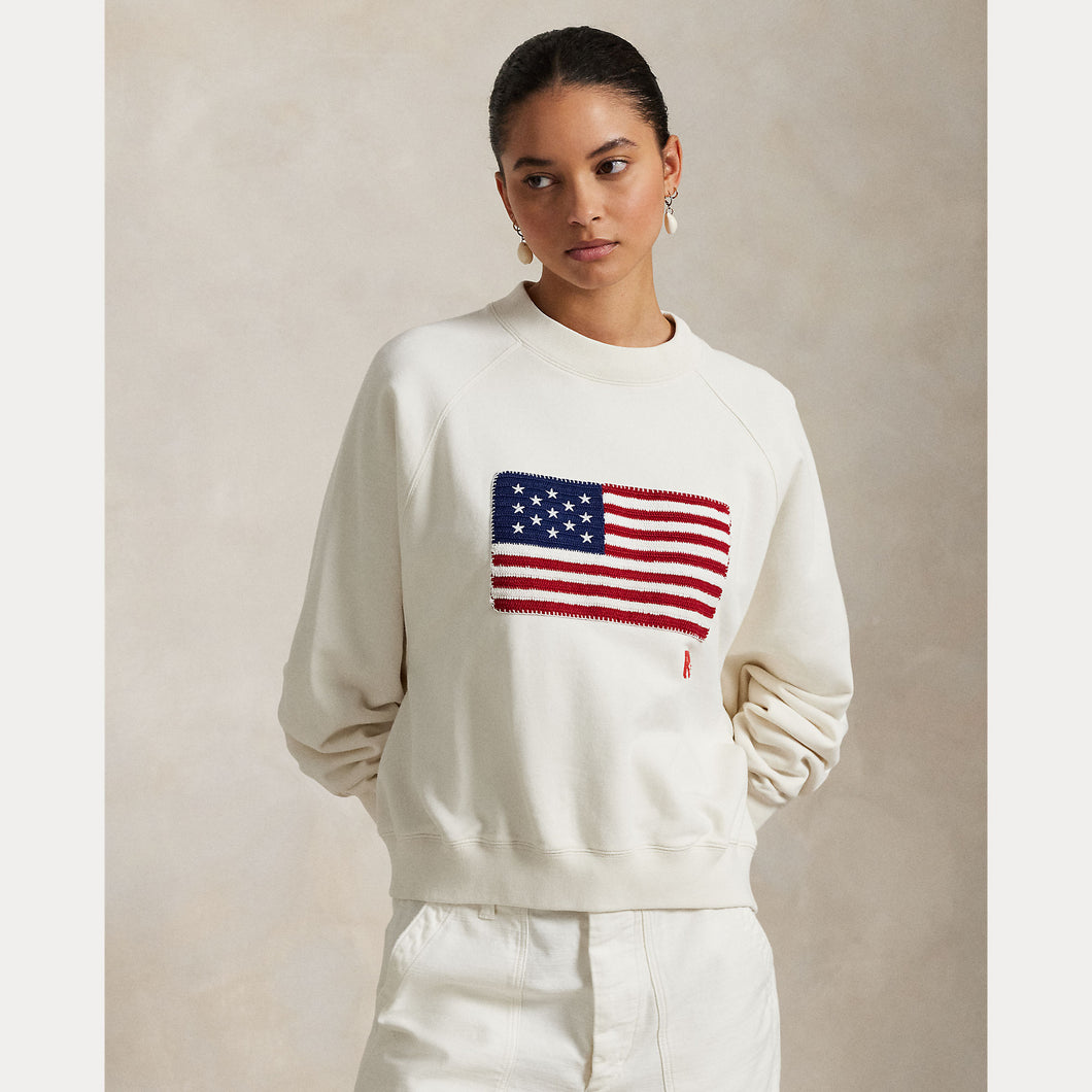 Model wearing Polo Ralph Lauren - Logo Flag French Terry Crewneck Sweatshirt in Nevis.