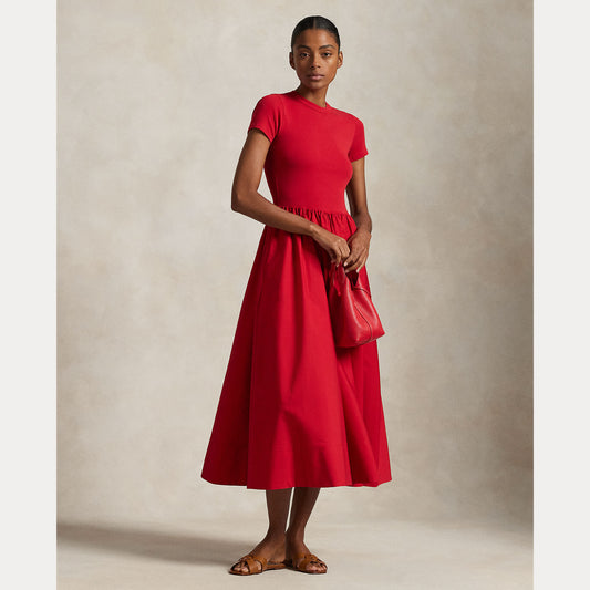 Model wearing Polo Ralph Lauren - Crewneck SS A-Line Dress in Red.