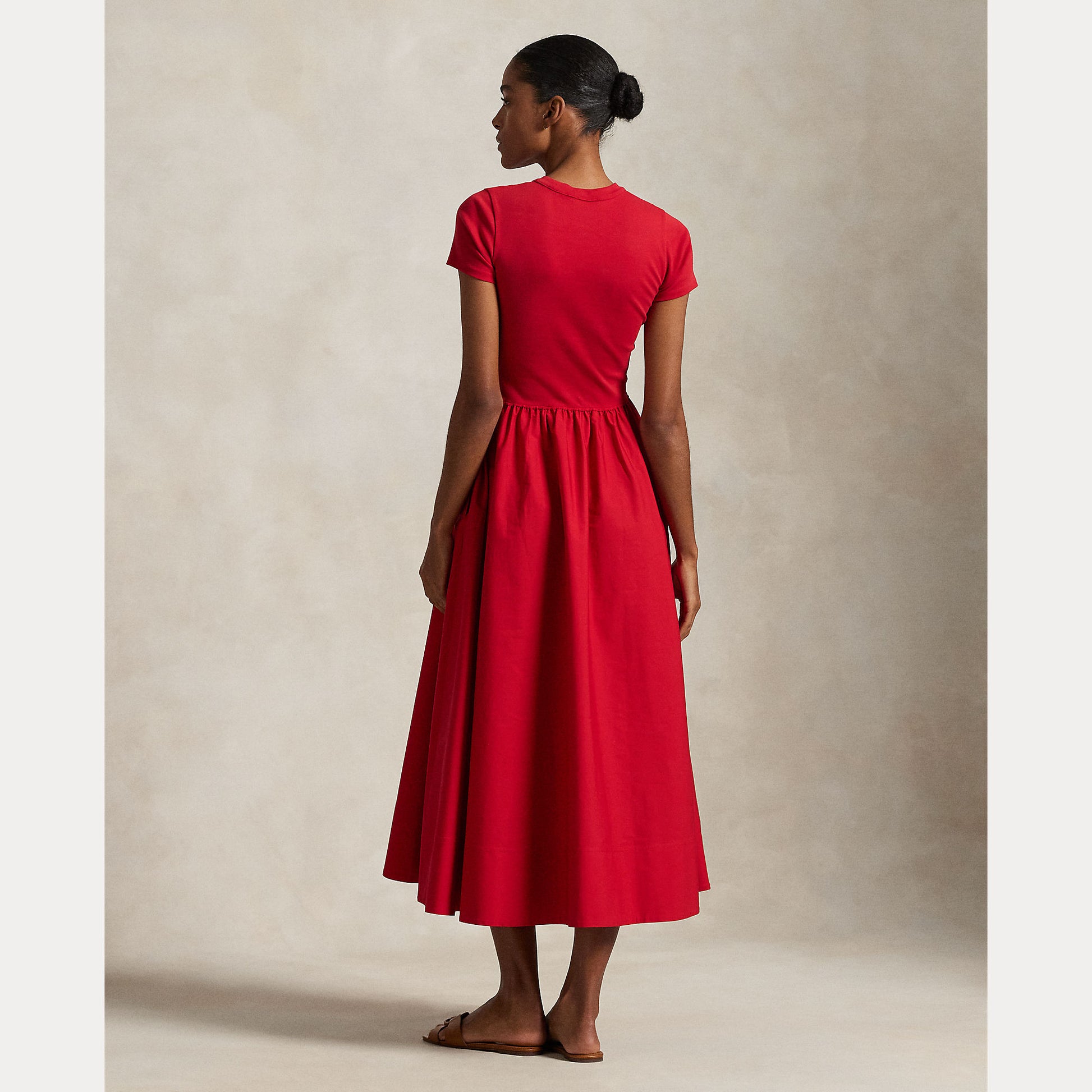 Model wearing Polo Ralph Lauren - Crewneck SS A-Line Dress in Red - back.