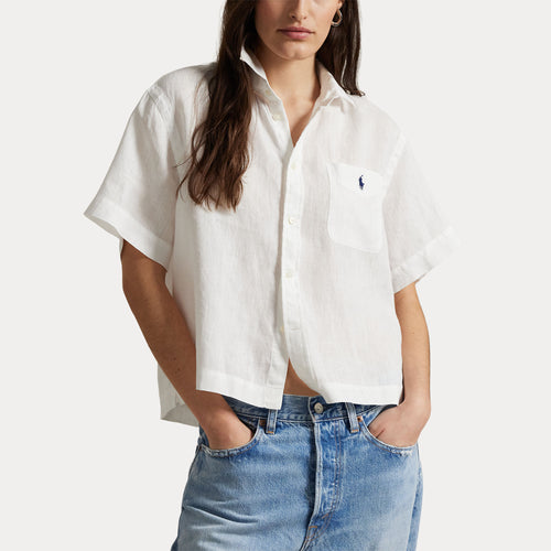 Model wearing Polo Ralph Lauren - Linen Boxy Sayna SS Button Front Shirt in White.