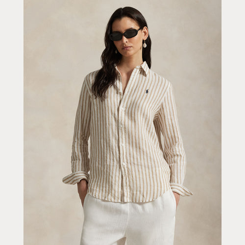 Model wearing Polo Ralph Lauren - Linen Classic LS Button Front Shirt in Cafe Tan/White.