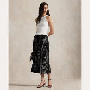 Model wearing Polo Ralph Lauren - Poly Satin Polka Dot Maxi Pencil Skirt in Polka Dot Black/White.