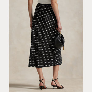 Model wearing Polo Ralph Lauren - Poly Satin Polka Dot Maxi Pencil Skirt in Polka Dot Black/White - back.