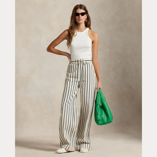 Model wearing Polo Ralph Lauren - Silk Nylon Ankle Wide Leg Pant in White/Black Stripe.