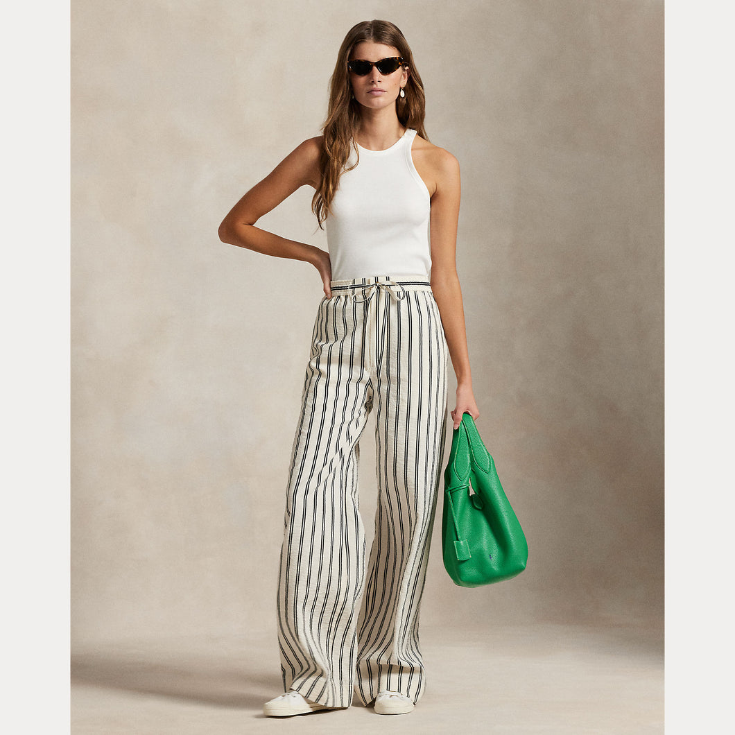 Model wearing Polo Ralph Lauren - Silk Nylon Ankle Wide Leg Pant in White/Black Stripe.