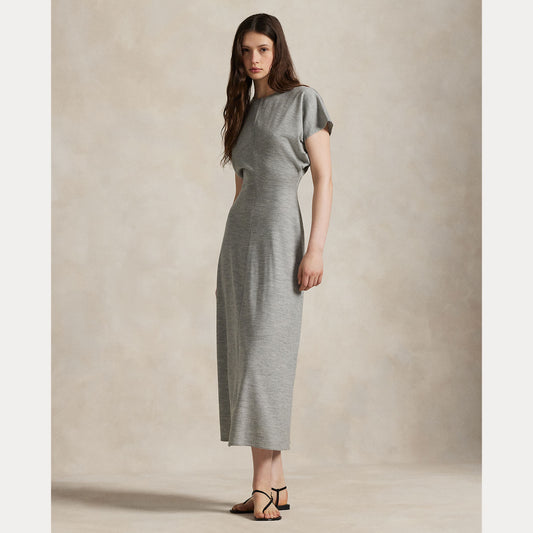 Model wearing Polo Ralph Lauren - Wool Jersey Knit Crew Neck SS A Line Dress in Light Smoke Heather.