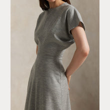 Load image into Gallery viewer, Model wearing Polo Ralph Lauren - Wool Jersey Knit Crew Neck SS A Line Dress in Light Smoke Heather.
