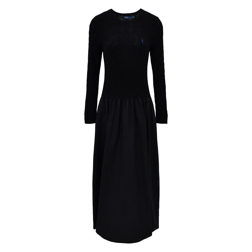 Polo Ralph Lauren - Wool/Cashmere Poplin Crew Neck LS Fit & Flare Dress in Black.