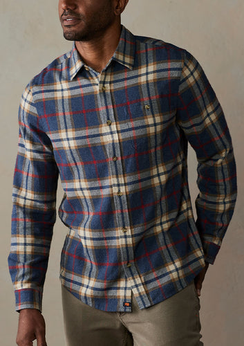 Model Wearing The Normal Brand - Hudson Double Brushed Flannel In Eventide Plaid.