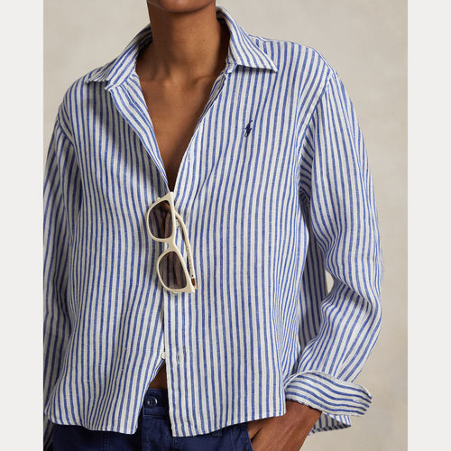 Model wearing Polo Ralph Lauren - Wide Cropped Striped Linen Shirt in White/Blue.