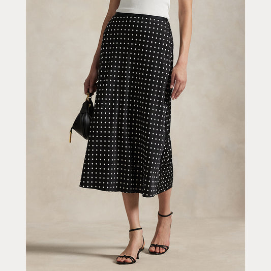 Model wearing Polo Ralph Lauren - Poly Satin Polka Dot Maxi Pencil Skirt in Polka Dot Black/White.