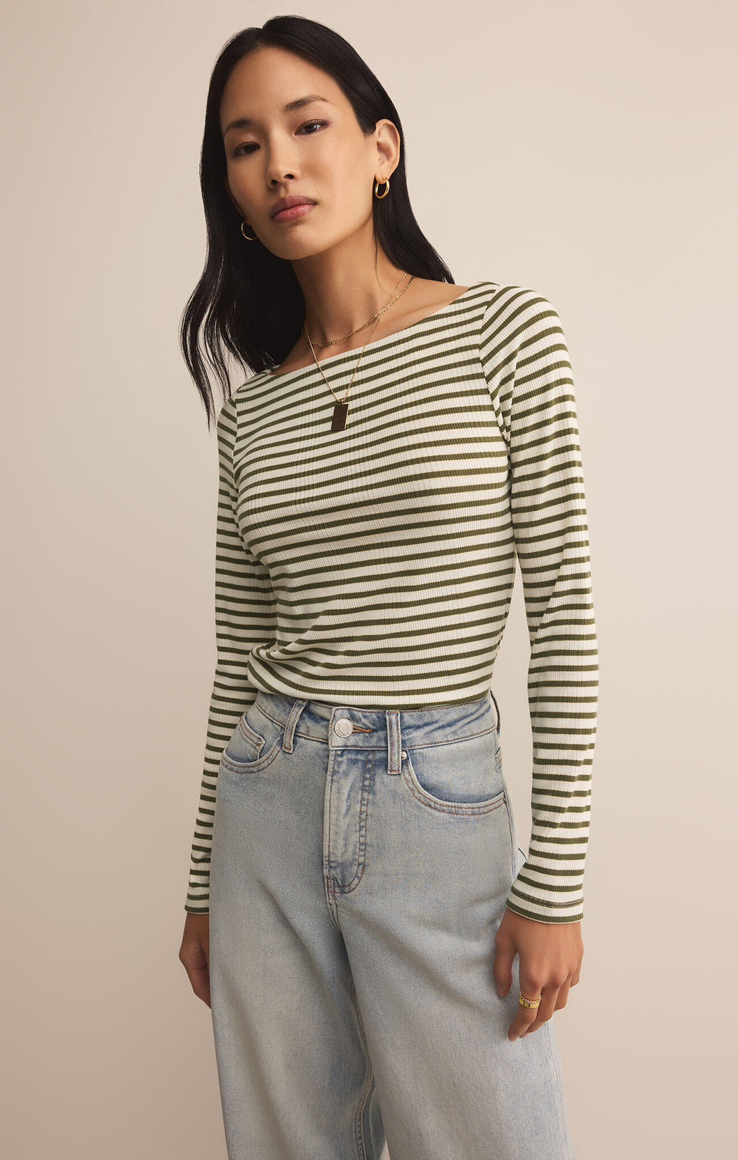 Model wearing ZSupply Pristine Striped LS Tee in Fern.