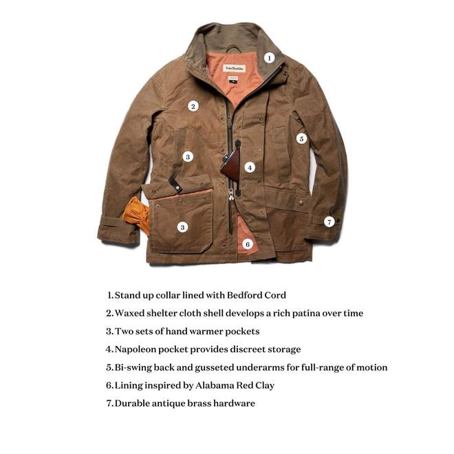 Tom Beckbe Tensaw jacket specs in tobacco.