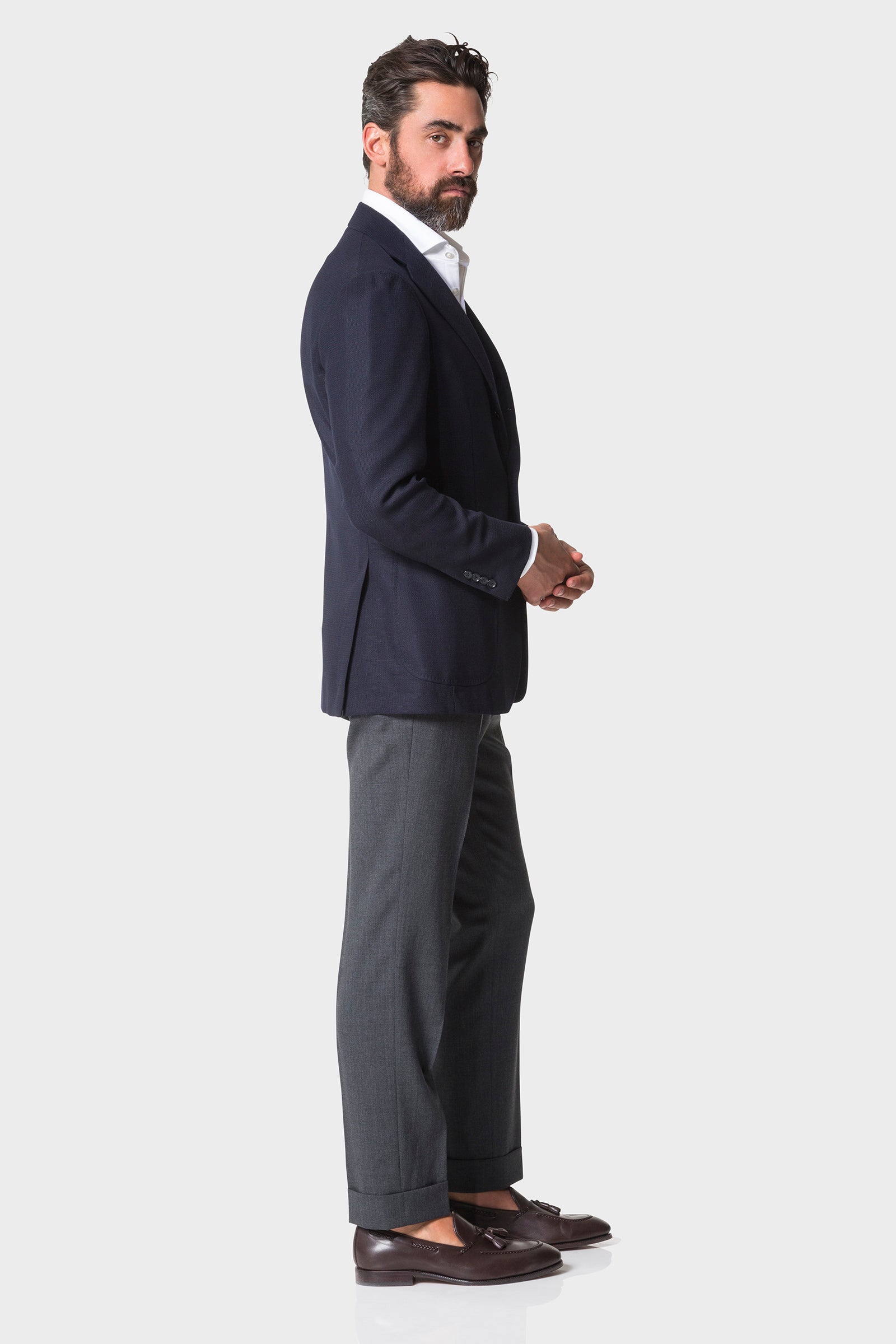 Model wearing Ring Jacket Signature Navy Balloon Jacket.