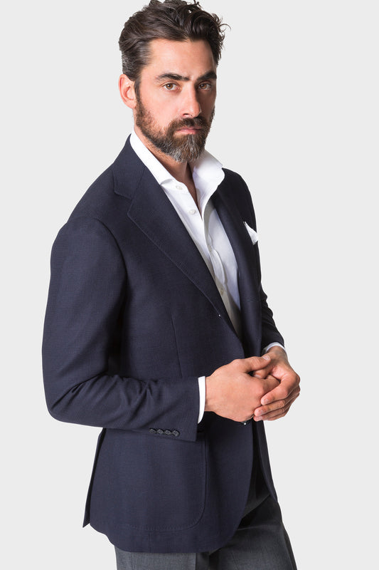 Model wearing Ring Jacket Signature Navy Balloon Jacket.