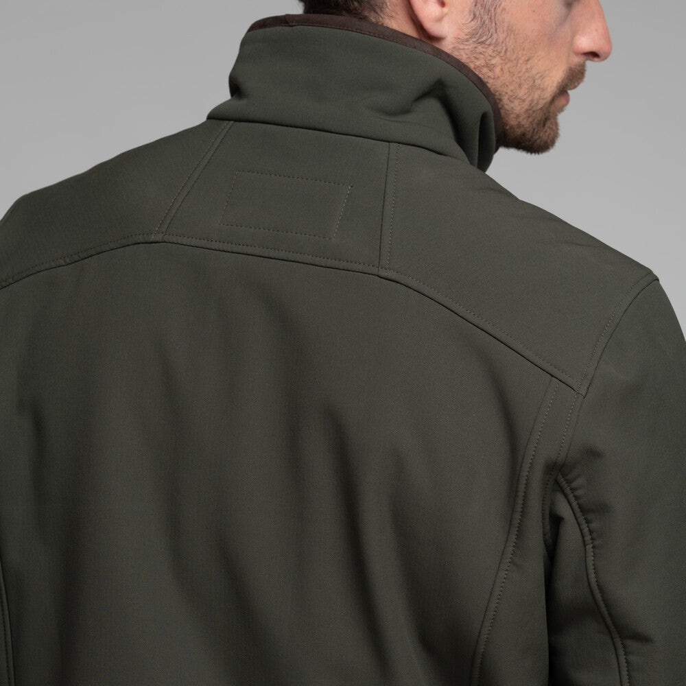 Model wearing Schoffel Men's Burrough Jacket in Forest back.