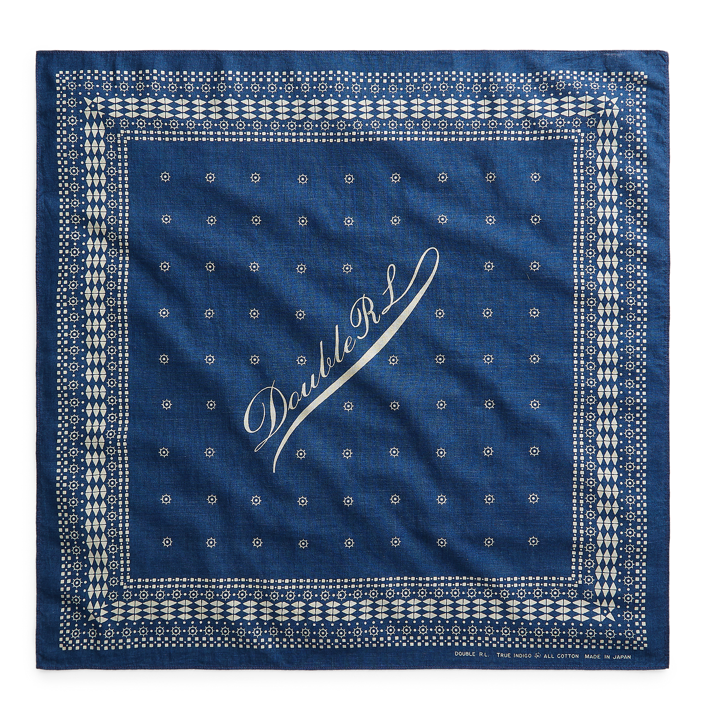 RRL logo print cotton bandana in indigo / greige.