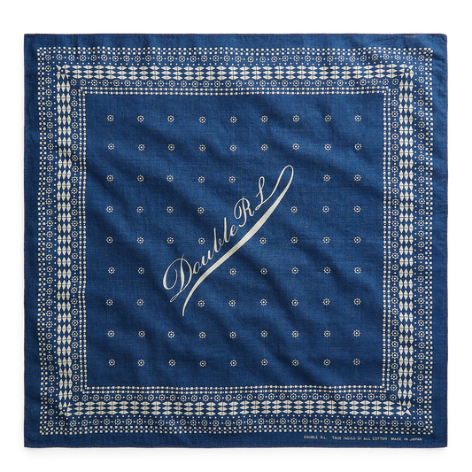 RRL logo print cotton bandana in indigo / greige.