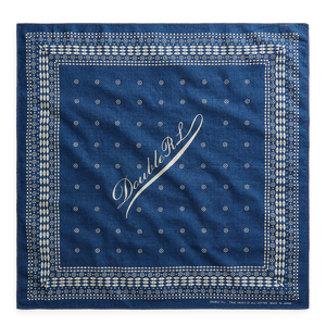 RRL logo print cotton bandana in indigo / greige.