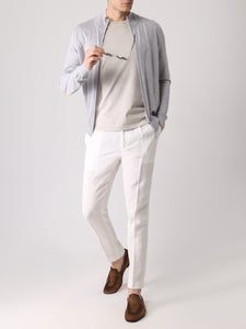 Model wearing Gran Sasso - Full Zip Pima Cotton Cardigan Sweater in Light Grey.