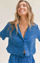 Load image into Gallery viewer, Model wearing Sadie &amp; Sage - Pool Day Terry Crop Shirt in Blue.
