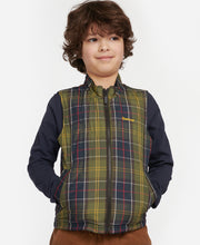 Load image into Gallery viewer, Model wearing Barbour Finn Youth Gilet in Classic Tartan.
