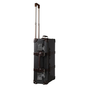 Globe-Trotter Deluxe 20" Trolley case in Caviar and Brown with arms extended.