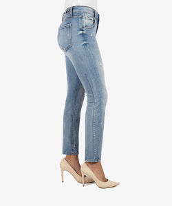 Model wearing KUT From The Kloth Reese High Rise Ankle Straight Jean in academic.