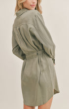 Load image into Gallery viewer, Model wearing Sadie &amp; Sage - Lighthouse Buttondown Dress in Olive - back.
