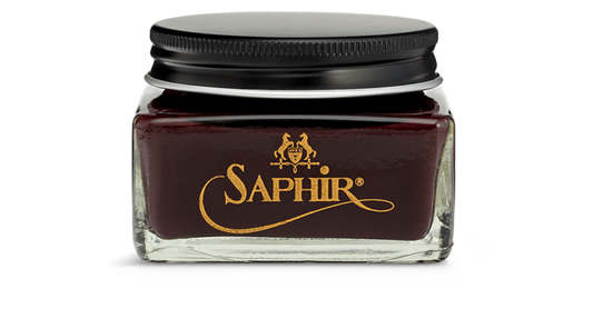 Saphir shell cordovan shoe cream in burgundy.