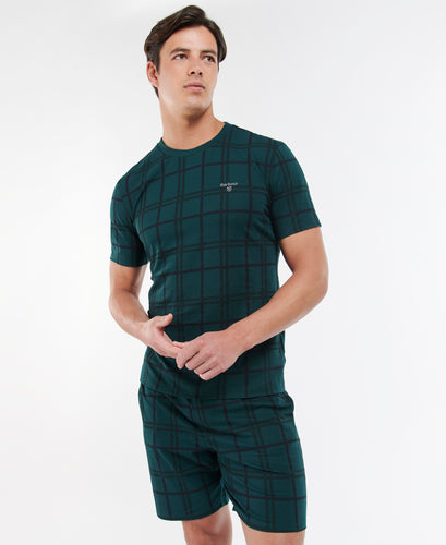 Model wearing Barbour Sid Tartan Lounge Set in Dark Green.