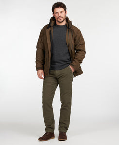 Model wearing Barbour Neuston Moleskin Pants in Dark Olive.