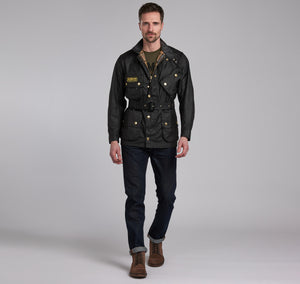 Model wearing Barbour International Original Jacket in black.