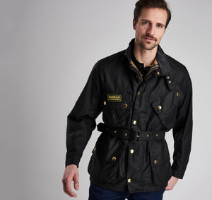 Model wearing Barbour International Original Jacket in black.