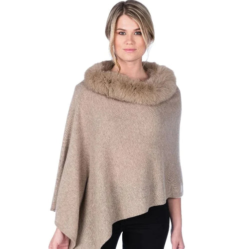 Model wearing Alashan - 100% Cashmere LUXE Windchill Fox Trim Topper in Latte.