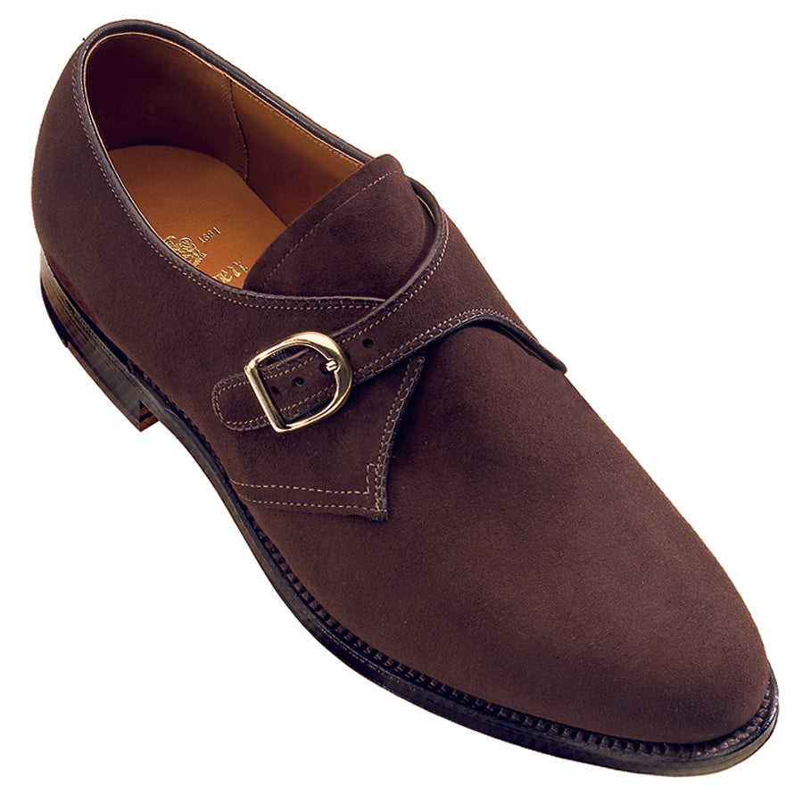 Alden 953 monk strap shoe in dark brown suede.