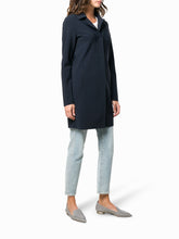 Load image into Gallery viewer, Model wearing Herno Women&#39;s Act First Scuba Snap Front Jacket in Blu Navy.
