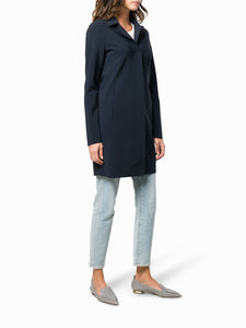 Model wearing Herno Women's Act First Scuba Snap Front Jacket in Blu Navy.