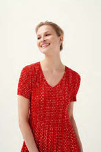 Load image into Gallery viewer, Model wearing Leo &amp; Ugo - Leaf Print Pleat Dress in Red/White.

