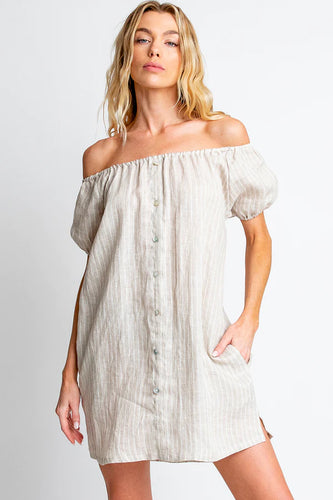 Model wearing Monte - Reily Mini Dress in Sand Stripe.