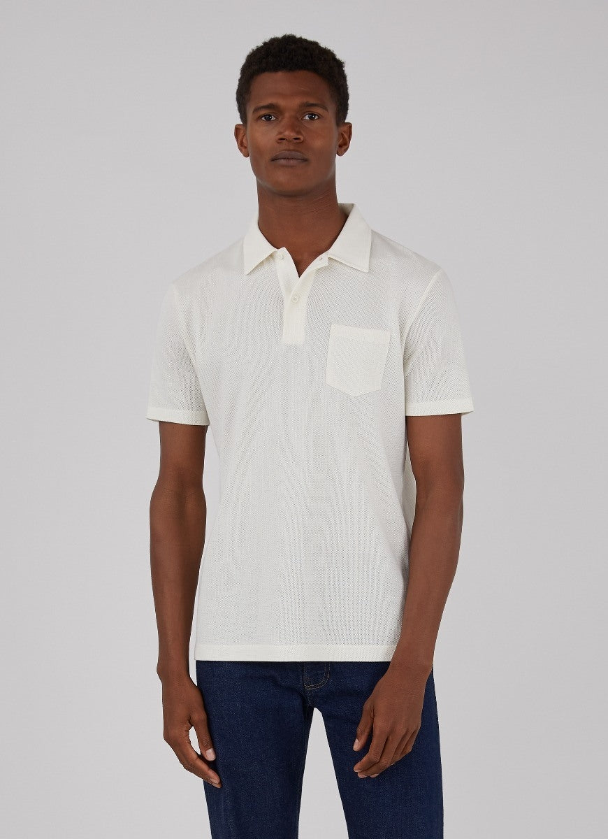 Model wearing Sunspel Riviera Polo Shirt white.